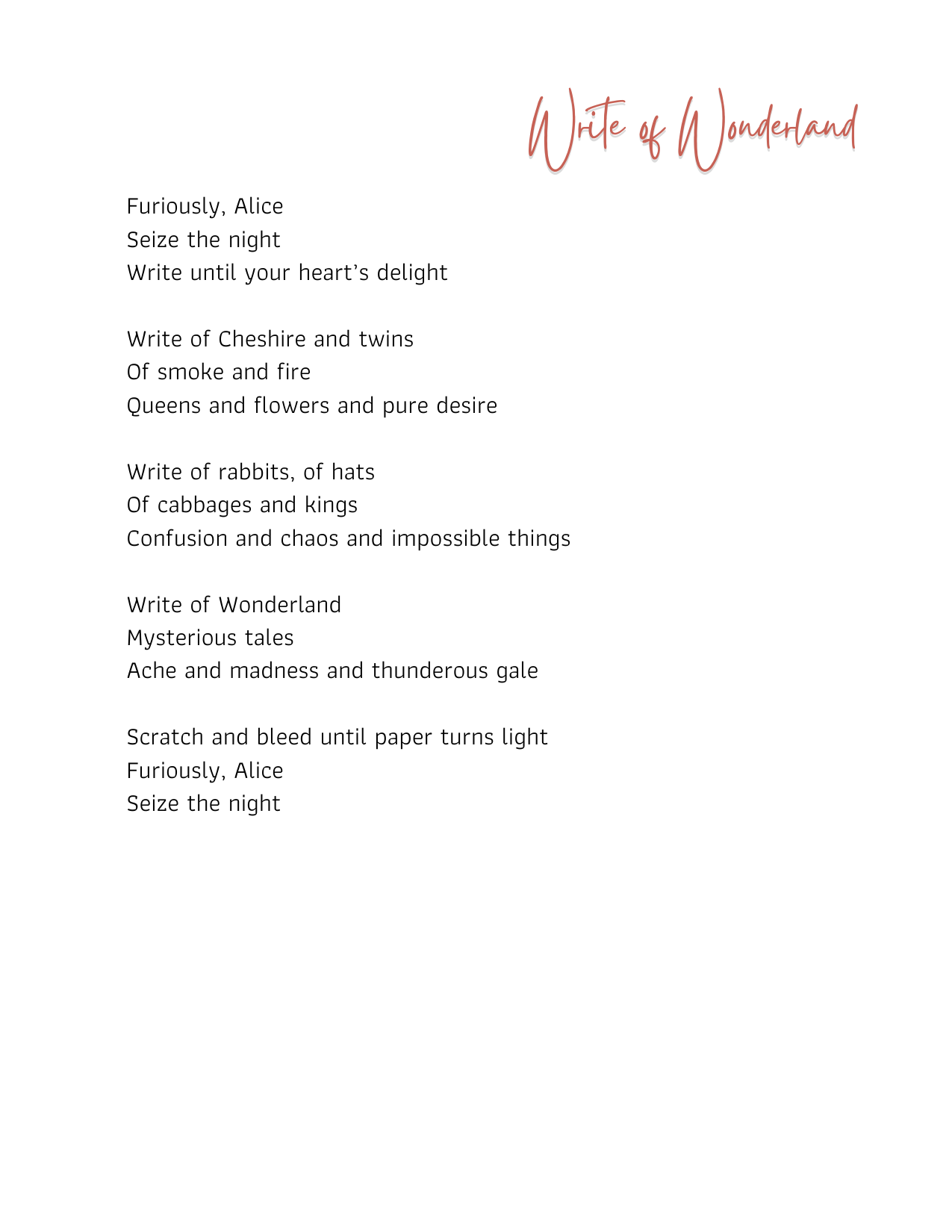 "Write of Wonderland" Poem